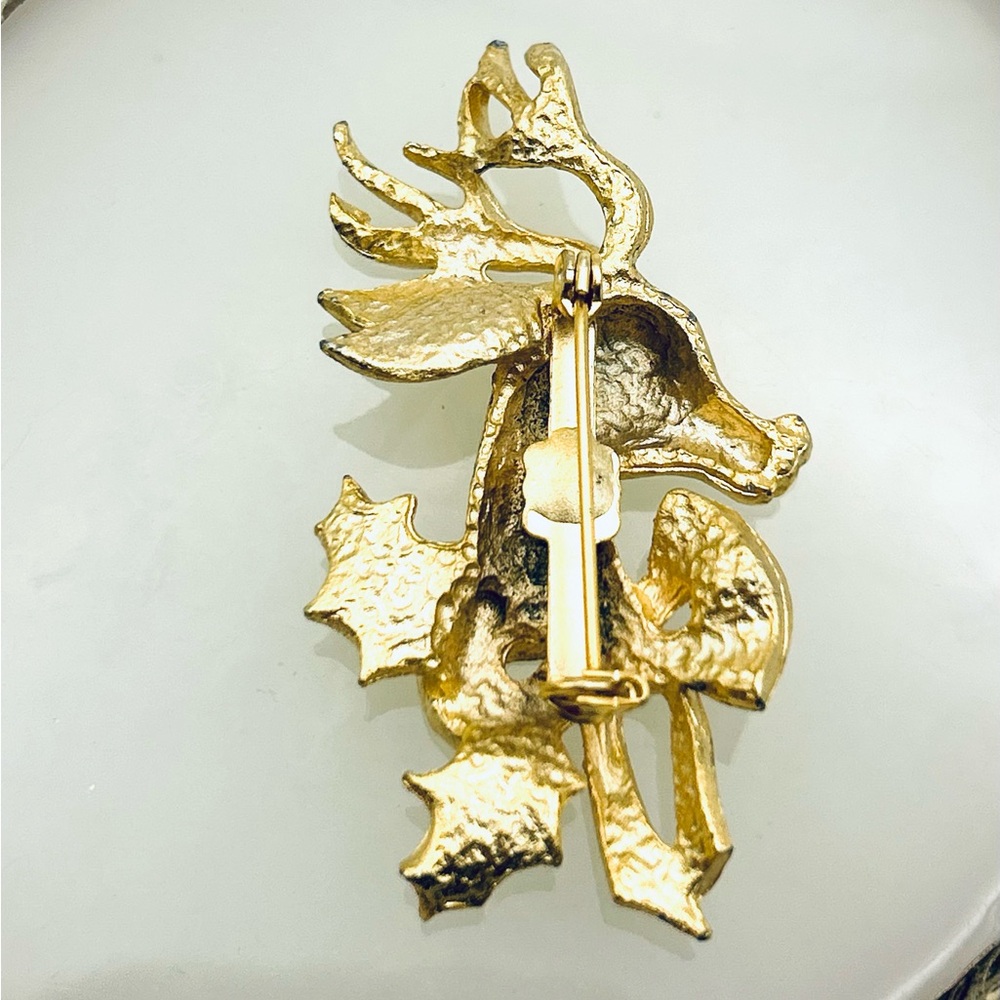 Christmas Reindeer Brooch Pin Goldtone Holiday Deer Rudolph - Picture 5 of 6